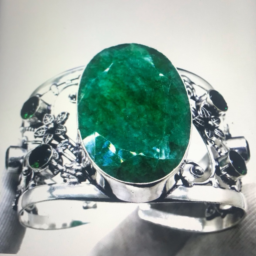 Malachite Chrome Diopside Stamped 925 Sterling Silver Cuff Bracelet